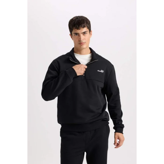 D2164 Relax Fit Fermuarlı Dik Yaka Baskılı Kalın Kumaş Sweatshirt
