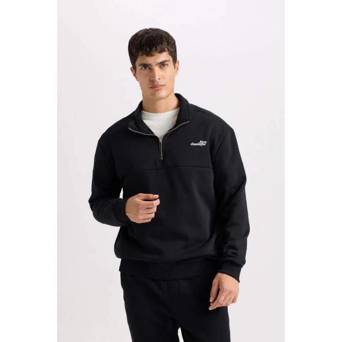 D2164 Relax Fit Fermuarlı Dik Yaka Baskılı Kalın Kumaş Sweatshirt