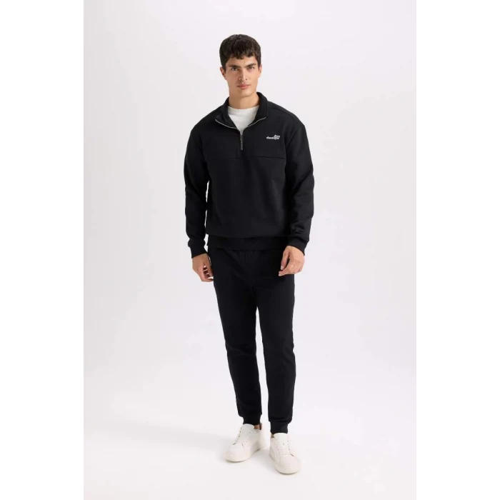 D2164 Relax Fit Fermuarlı Dik Yaka Baskılı Kalın Kumaş Sweatshirt