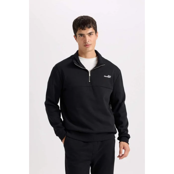 D2164 Relax Fit Fermuarlı Dik Yaka Baskılı Kalın Kumaş Sweatshirt