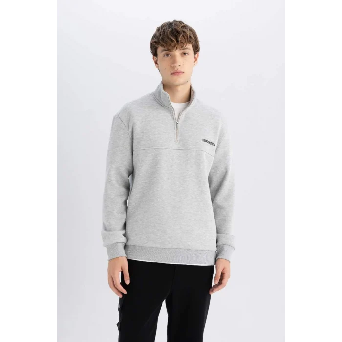 D2165 Dik Yaka Baskılı Fermuarlı Sweatshirt
