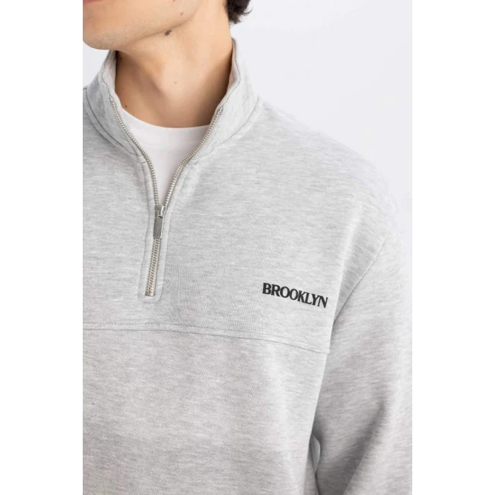 D2165 Dik Yaka Baskılı Fermuarlı Sweatshirt