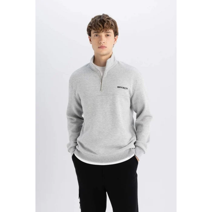 D2165 Dik Yaka Baskılı Fermuarlı Sweatshirt