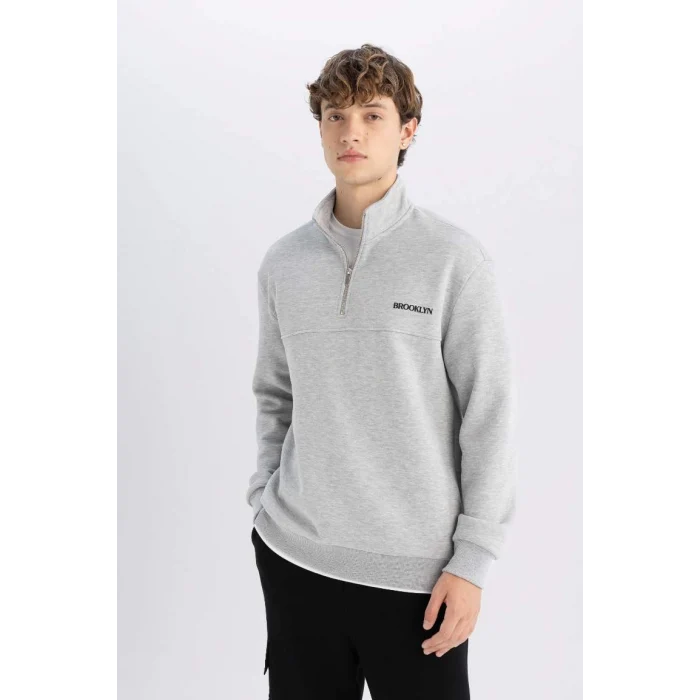 D2165 Dik Yaka Baskılı Fermuarlı Sweatshirt