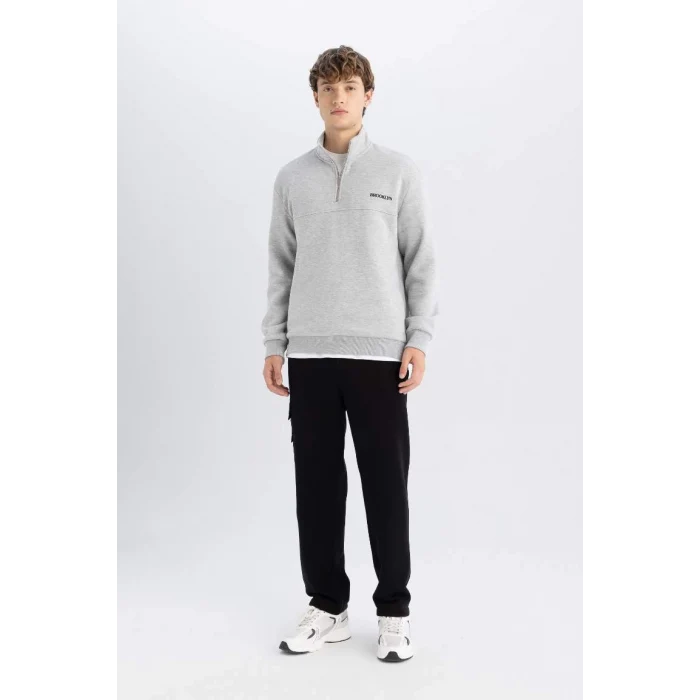 D2165 Dik Yaka Baskılı Fermuarlı Sweatshirt