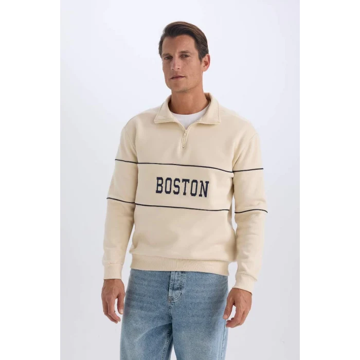 D2166 Relax Fit Dik Yaka Fermuarlı Baskılı Kalın Sweatshirt