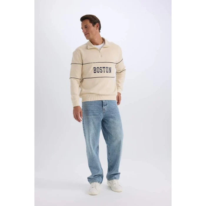 D2166 Relax Fit Dik Yaka Fermuarlı Baskılı Kalın Sweatshirt