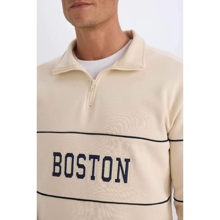 D2166 Relax Fit Dik Yaka Fermuarlı Baskılı Kalın Sweatshirt