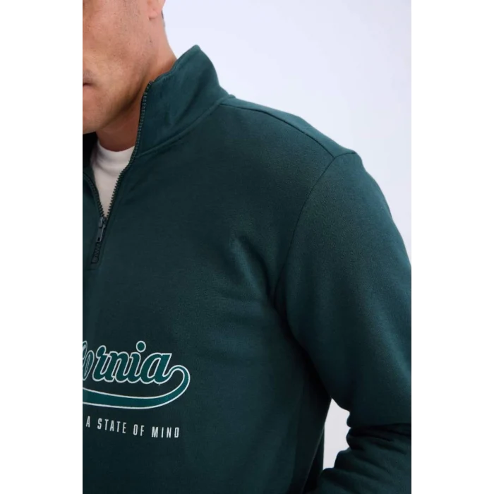 D2167 Relax Fit Dik Yaka Fermuarlı Baskılı Kalın Sweatshirt