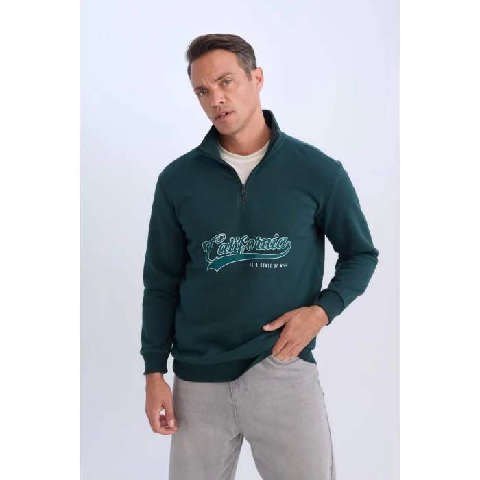 D2167 Relax Fit Dik Yaka Fermuarlı Baskılı Kalın Sweatshirt