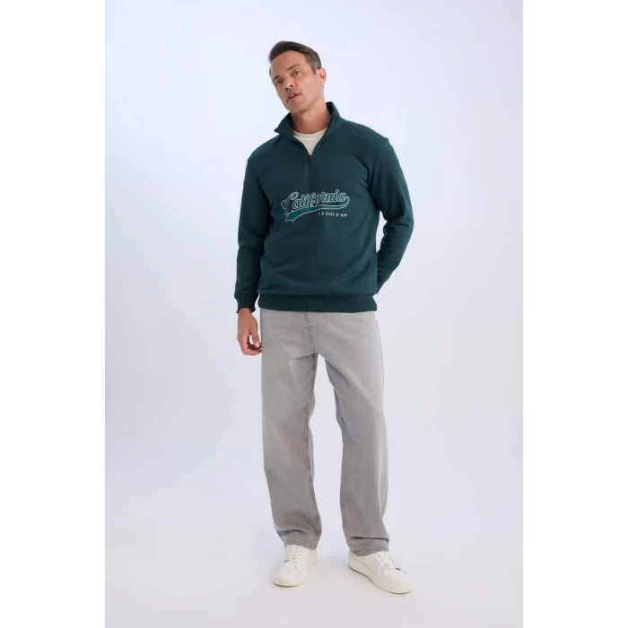 D2167 Relax Fit Dik Yaka Fermuarlı Baskılı Kalın Sweatshirt