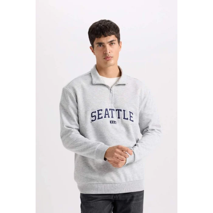 D2168 Relax Fit Fermuarlı Dik Yaka Baskılı Kalın Sweatshirt