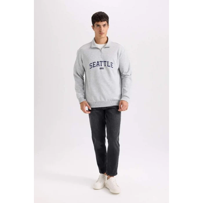 D2168 Relax Fit Fermuarlı Dik Yaka Baskılı Kalın Sweatshirt