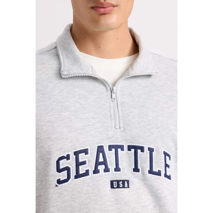 D2168 Relax Fit Fermuarlı Dik Yaka Baskılı Kalın Sweatshirt