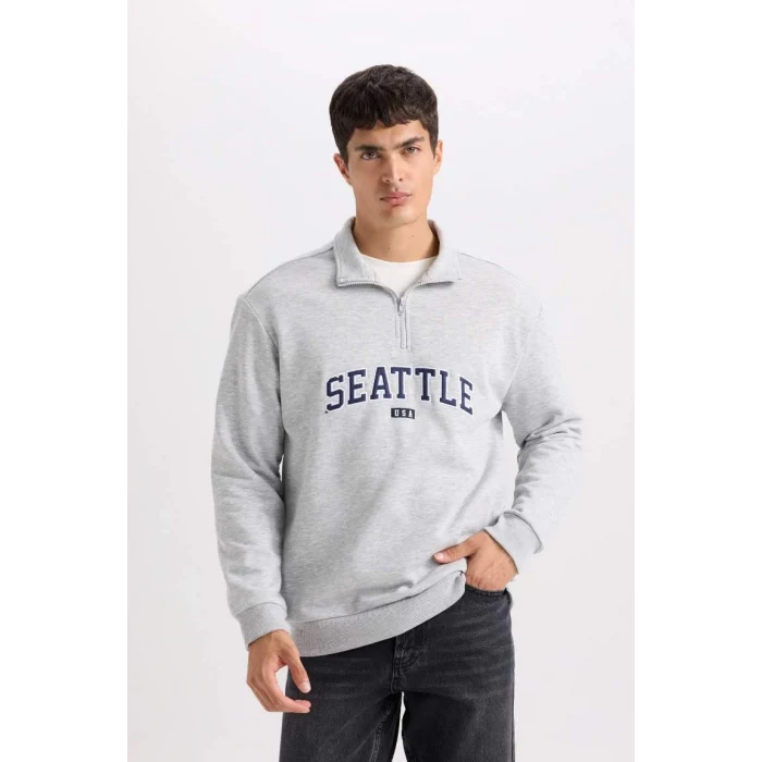 D2168 Relax Fit Fermuarlı Dik Yaka Baskılı Kalın Sweatshirt