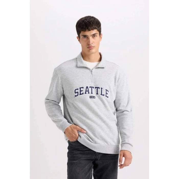 D2168 Relax Fit Fermuarlı Dik Yaka Baskılı Kalın Sweatshirt