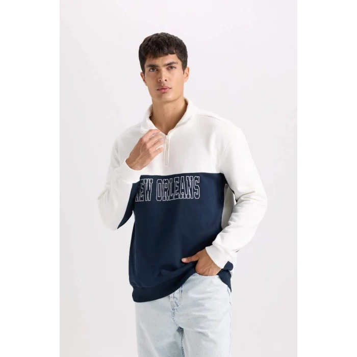 D2169 Relax Fit Dik Yaka Yarım Fermuarlı Baskılı Kalın Sweatshirt