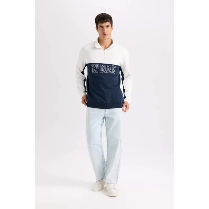 D2169 Relax Fit Dik Yaka Yarım Fermuarlı Baskılı Kalın Sweatshirt
