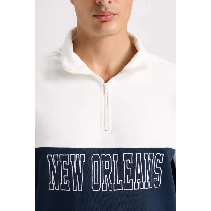 D2169 Relax Fit Dik Yaka Yarım Fermuarlı Baskılı Kalın Sweatshirt