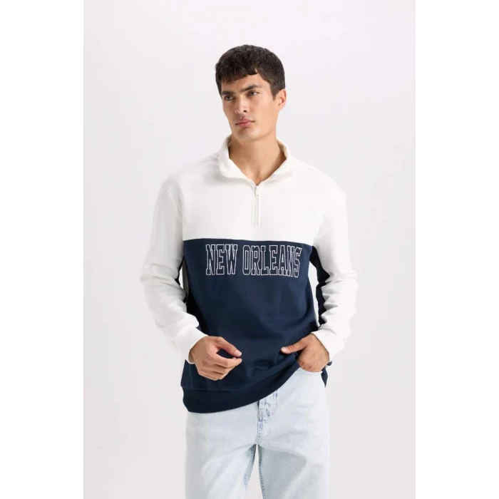 D2169 Relax Fit Dik Yaka Yarım Fermuarlı Baskılı Kalın Sweatshirt