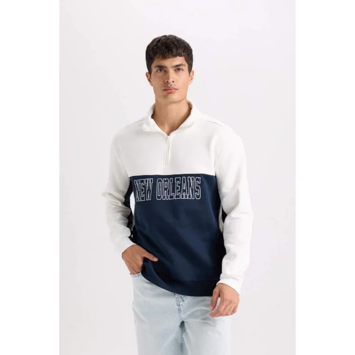 D2169 Relax Fit Dik Yaka Yarım Fermuarlı Baskılı Kalın Sweatshirt