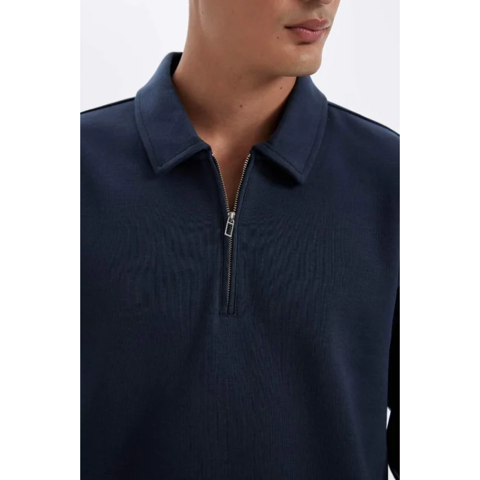 D2279 Regular Fit Polo Yaka Yarım Fermuarlı Basic Düz Sweatshirt