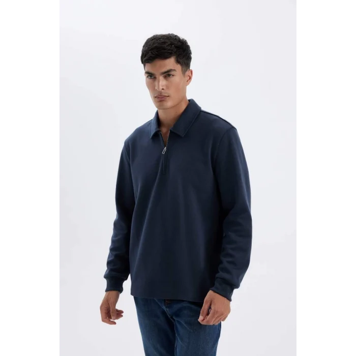 D2279 Regular Fit Polo Yaka Yarım Fermuarlı Basic Düz Sweatshirt