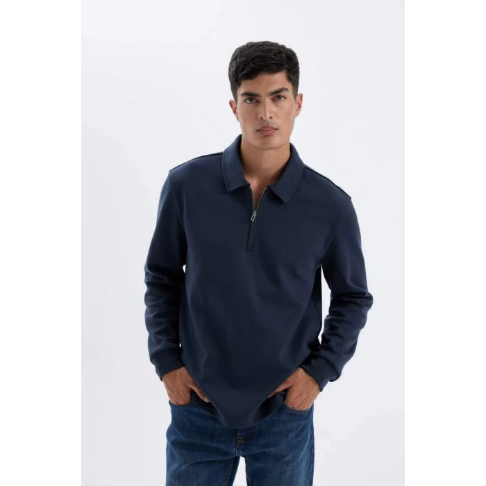D2279 Regular Fit Polo Yaka Yarım Fermuarlı Basic Düz Sweatshirt