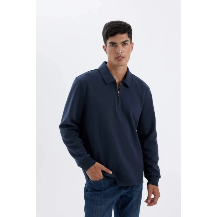 D2279 Regular Fit Polo Yaka Yarım Fermuarlı Basic Düz Sweatshirt