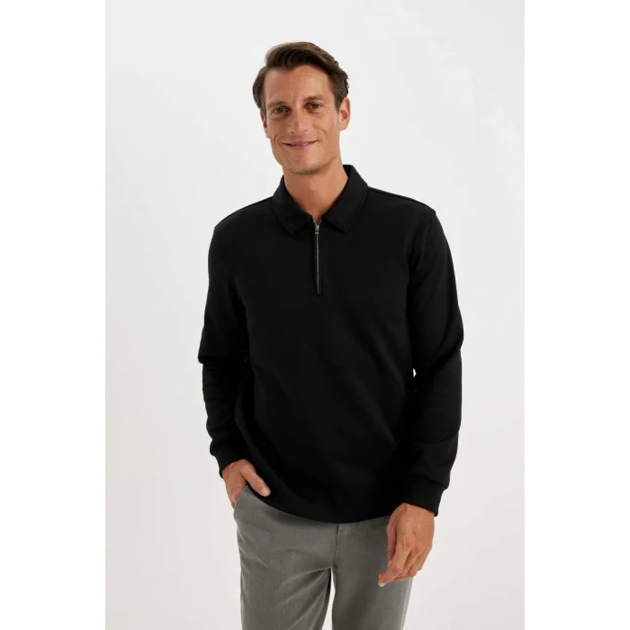 D2279 Regular Fit Polo Yaka Yarım Fermuarlı Basic Düz Sweatshirt