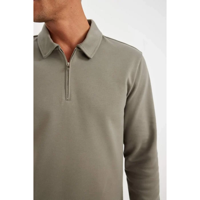 D2279 Regular Fit Polo Yaka Yarım Fermuarlı Basic Düz Sweatshirt