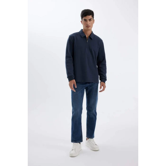 D2279 Regular Fit Polo Yaka Yarım Fermuarlı Basic Düz Sweatshirt