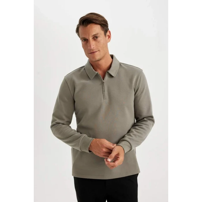 D2279 Regular Fit Polo Yaka Yarım Fermuarlı Basic Düz Sweatshirt