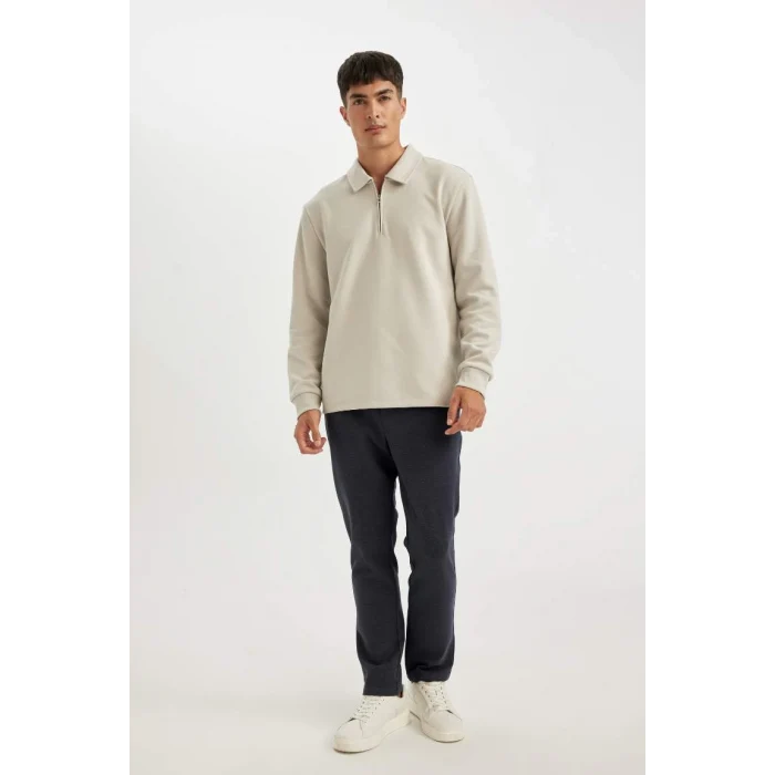 D2279 Regular Fit Polo Yaka Yarım Fermuarlı Basic Düz Sweatshirt