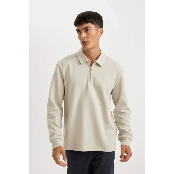 D2279 Regular Fit Polo Yaka Yarım Fermuarlı Basic Düz Sweatshirt