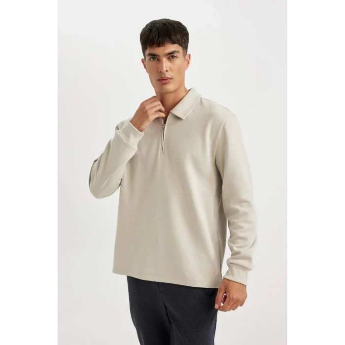 D2279 Regular Fit Polo Yaka Yarım Fermuarlı Basic Düz Sweatshirt