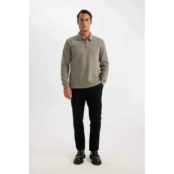D2279 Regular Fit Polo Yaka Yarım Fermuarlı Basic Düz Sweatshirt