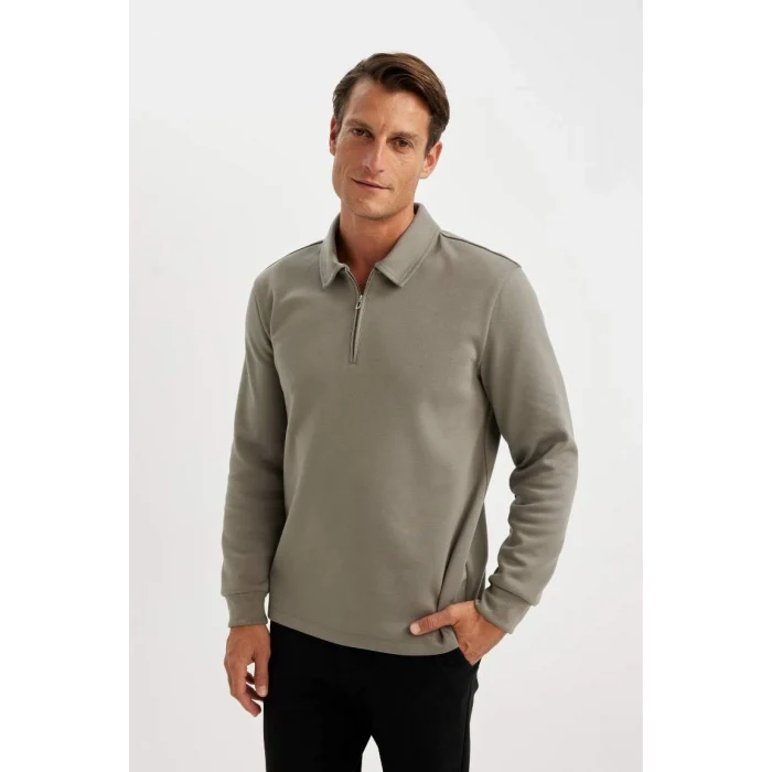 D2279 Regular Fit Polo Yaka Yarım Fermuarlı Basic Düz Sweatshirt