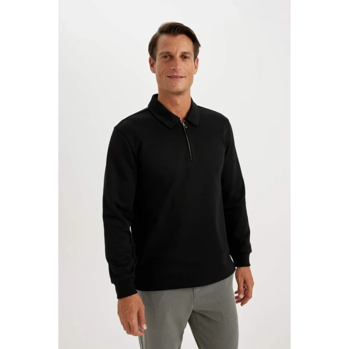 D2279 Regular Fit Polo Yaka Yarım Fermuarlı Basic Düz Sweatshirt