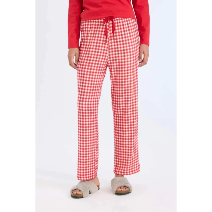 D2303 Fall in Love Regular Fit Uzun Kollu Üst Kareli Uzun Alt Pijama Takımı
