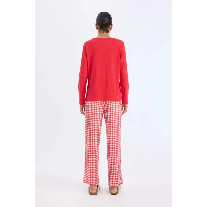 D2303 Fall in Love Regular Fit Uzun Kollu Üst Kareli Uzun Alt Pijama Takımı
