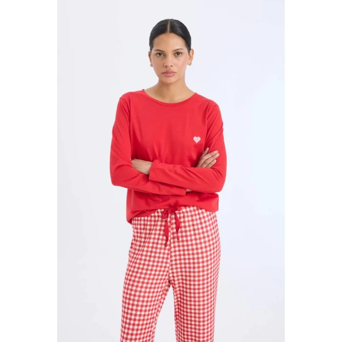 D2303 Fall in Love Regular Fit Uzun Kollu Üst Kareli Uzun Alt Pijama Takımı