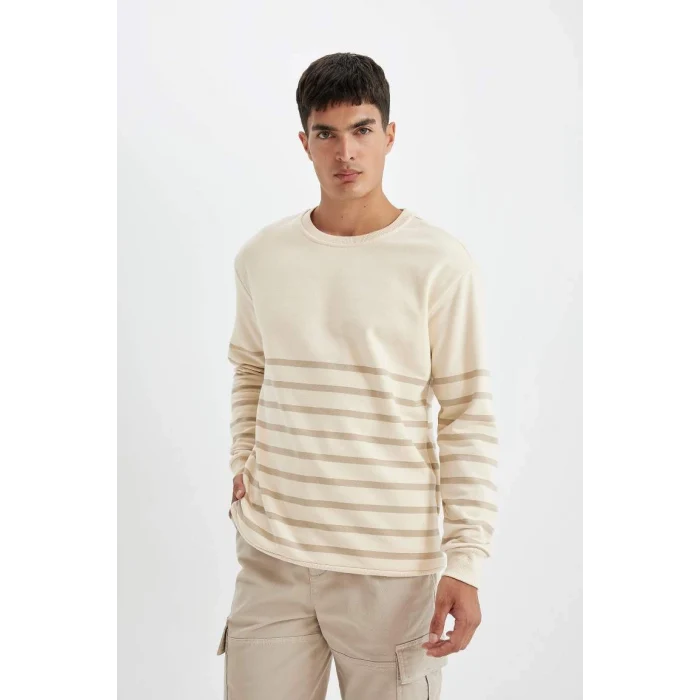 D2397 Comfort Regular Fit Rahat Kalıp Bisiklet Yaka Çizgili Kalın Kumaş Sweatshirt