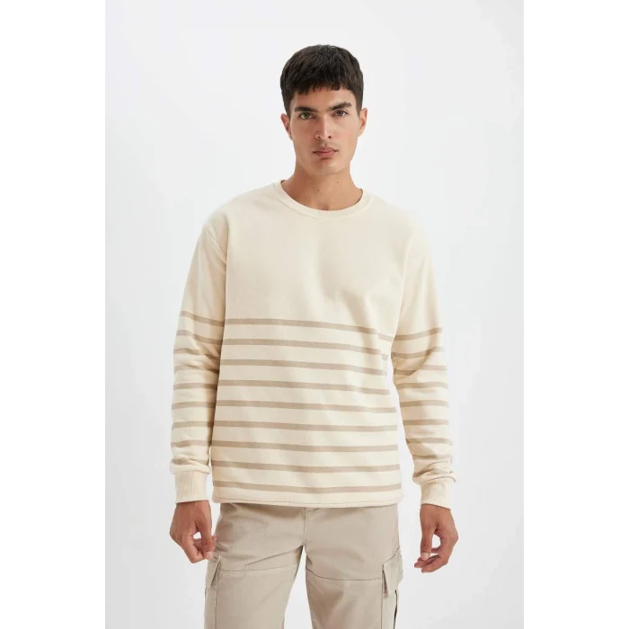 D2397 Comfort Regular Fit Rahat Kalıp Bisiklet Yaka Çizgili Kalın Kumaş Sweatshirt