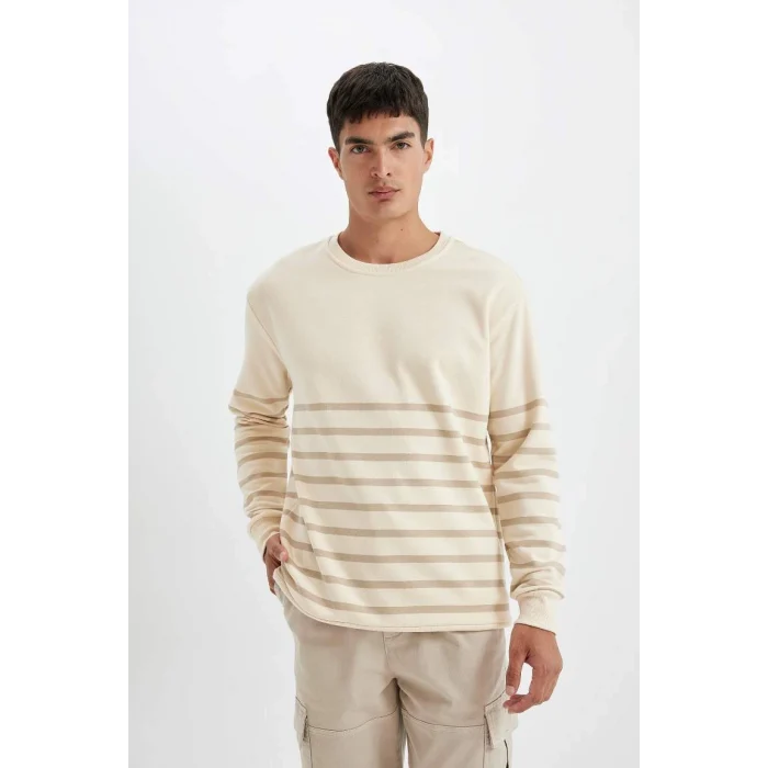 D2397 Comfort Regular Fit Rahat Kalıp Bisiklet Yaka Çizgili Kalın Kumaş Sweatshirt