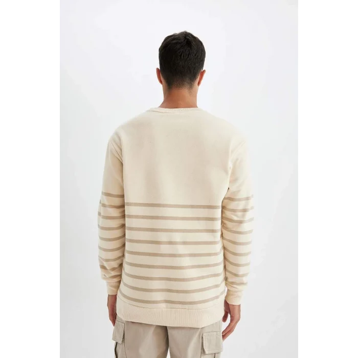 D2397 Comfort Regular Fit Rahat Kalıp Bisiklet Yaka Çizgili Kalın Kumaş Sweatshirt