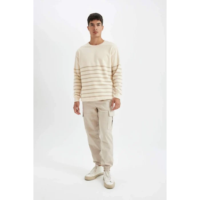 D2397 Comfort Regular Fit Rahat Kalıp Bisiklet Yaka Çizgili Kalın Kumaş Sweatshirt