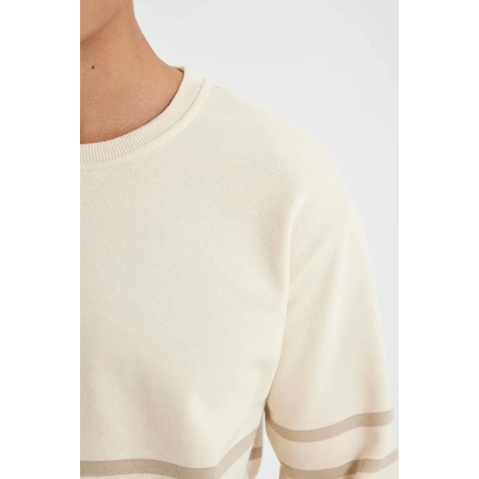 D2397 Comfort Regular Fit Rahat Kalıp Bisiklet Yaka Çizgili Kalın Kumaş Sweatshirt