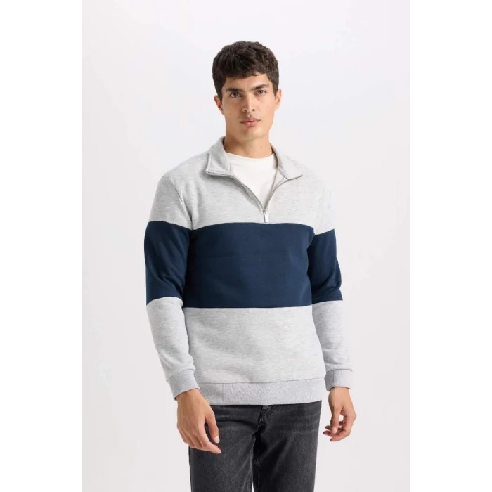 D2401 Comfort Regular Fit Rahat Kalıp Dik Yaka Fermuarlı Çizgili Kalın Sweatshirt