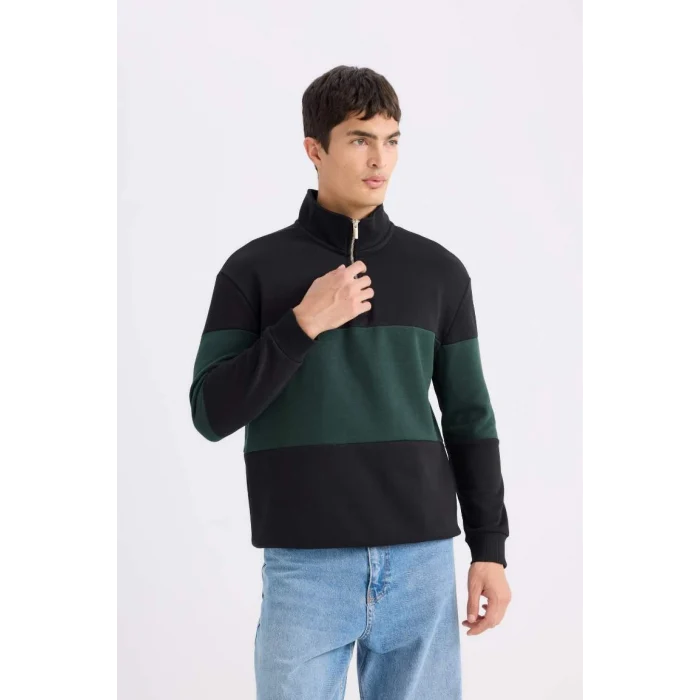 D2401 Comfort Regular Fit Rahat Kalıp Dik Yaka Fermuarlı Çizgili Kalın Sweatshirt